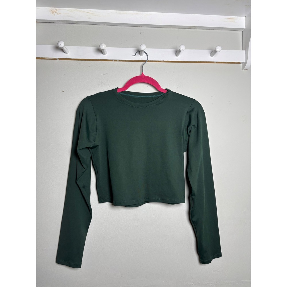 Forest Green Long Sleeve Crop Top Fitted Athletic Y2K Minimalist S/M